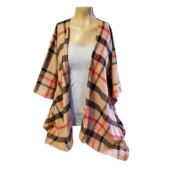 SOLD Tan Plaid Open Front Kimono Cape from Andree By Unit - Picture 2 of 4